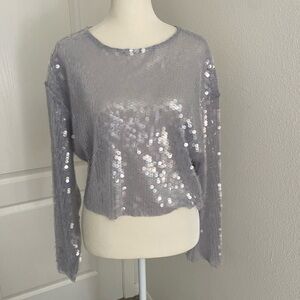 Zara Silver Sequin Cropped Long Sleeve Top Size Small